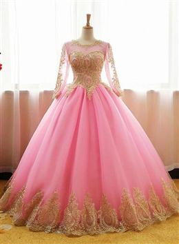 Picture of Pink Long Sleeves Tulle Round Neckline Sweet 16 Dress, Pink Formal Gown